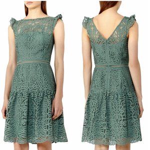 Reiss Size 8 Green Lace Capped Sleeve Spring Summer Dress EUC